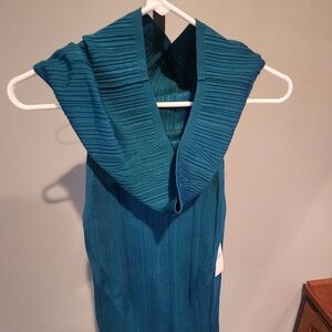 White House Black Market Teal Ribbed Knit Top with Foldover Collar
